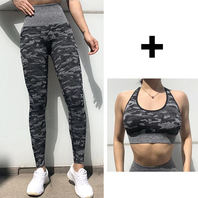 Black Set Женские Бесшовные штаны для йоги, высокая талия, Спортивные Леггинсы, для тренажерного зала, фитнеса, тренировки, камуфляжные, длинные колготки для бега, для девушек, сексуальные, попки - Цвет: Black Set
