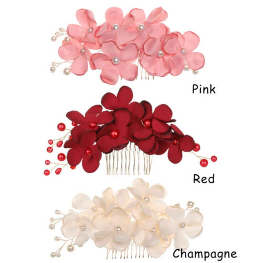 

1Pcs Fashion Red Flower Bridal Hair Comb Hair Jewelry Cloth Pearl Flower Hairpin Wedding Hair Accessories
