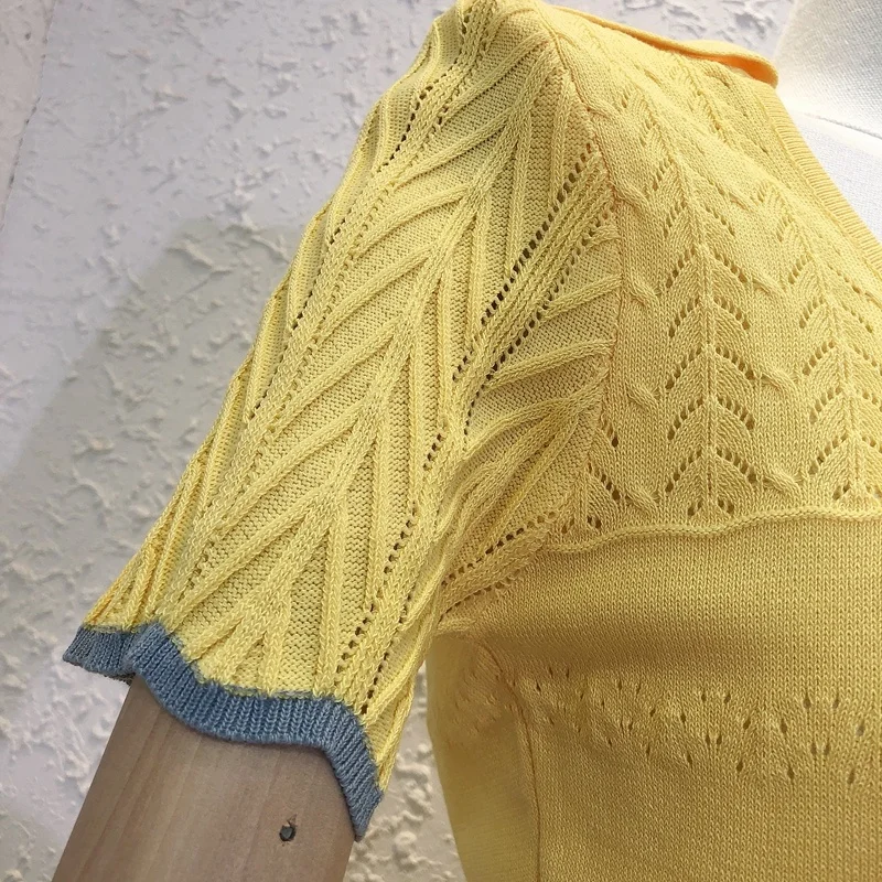 

Casual Dress Women 2021 Summer New Slim Large U-neck Knitted Patchwork Mini Dresses High Quality Hollow Out Robe Female Vestidos