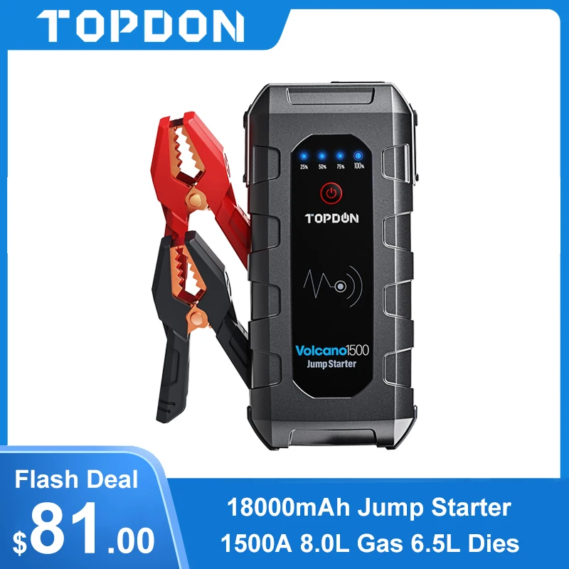 

TOPDON V1500 Peak Car Jump Starter 12V Emergency Battery Power Bank 18000mAh Auto Battery Booster Charger for 8L Gas 6L Diesel