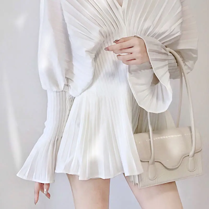 

XITAO Spring New Flare Sleeve Dress Mini Pleated Dress Above Knee Solid Color Fashion V-neck Collar Temperament All-match ZY5807