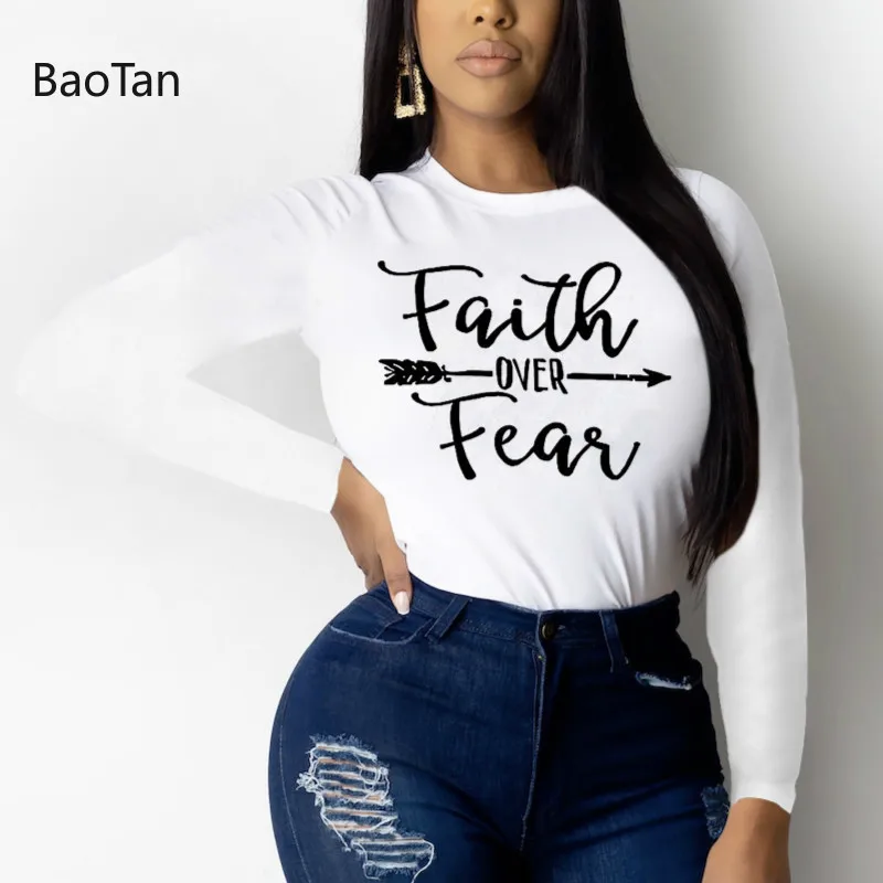 

Spring and Autumn T-shirt White O-Neck Top T-Shirt for Women Casual T-Shirt Women's Print Letter Round Neck Long Sleeve