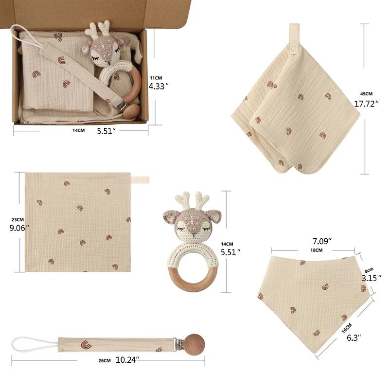 

5 Pcs Newborn Wooden Rattle Teether Infants Feeding Triangle Bib Rectangle Wash Facecloth Pacifier Chain Clip Baby Toys