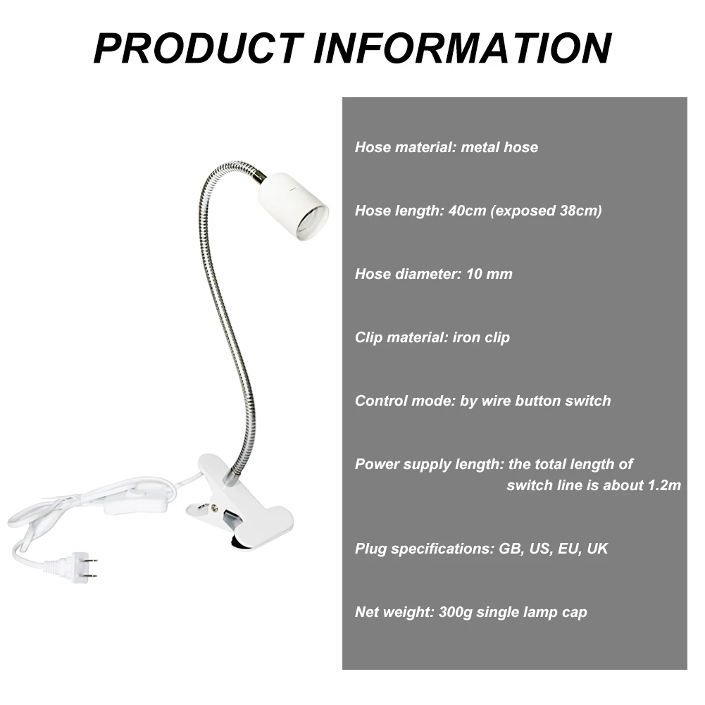 

E27 Lamp Holder Clamp Double Control 360 Degree Flexible Clip Long Hose Clamp 400mm Adapter Screw Lamp Extender