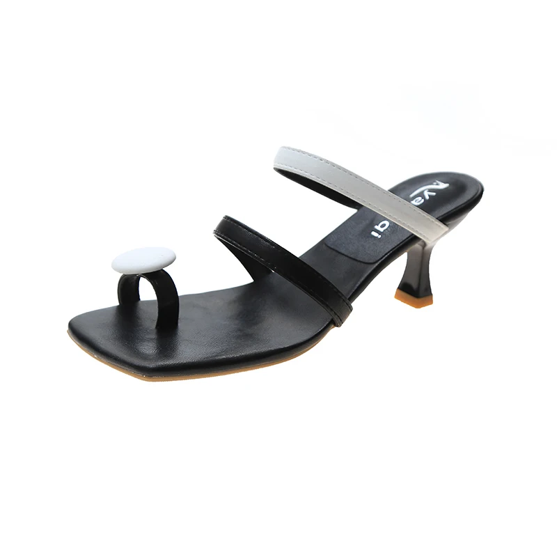 

One word belt women's shoes 2021 new retro round buckle square toe stiletto high heel slippers fashion all-match sandals