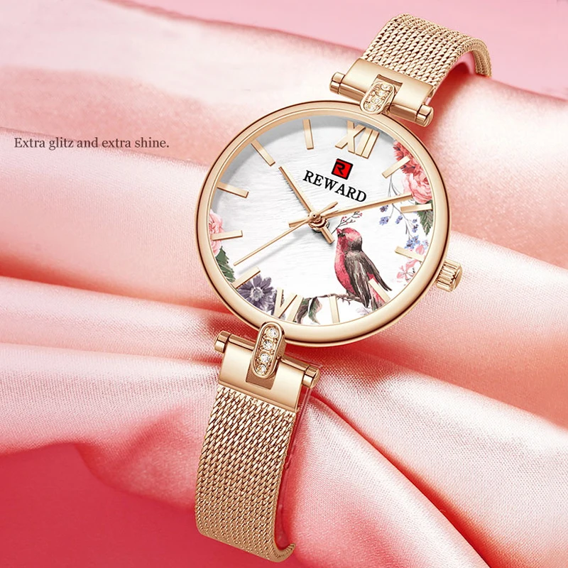 

Rose Gold Women's Watches Thin Business Quartz Wrist Watches Ladies Fashion Flower Bird Shell Dial Analog Bracelet Watch Women