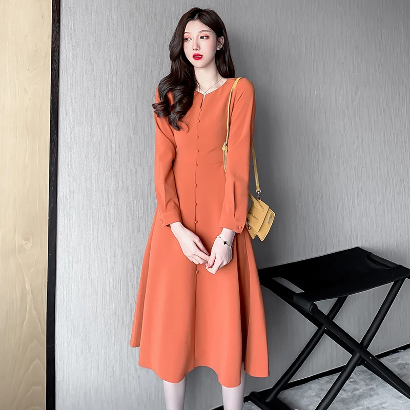 EAD 2020 spring new women's large size waist long-sleeved dress female Korean temperament long office lady | Женская одежда