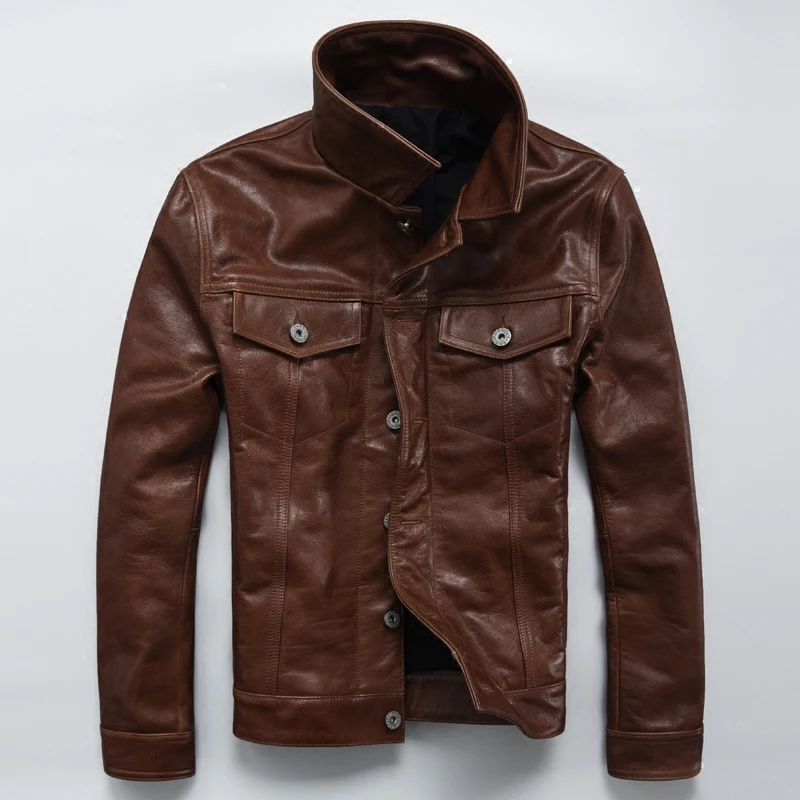 

Genuine New Men's Leather Jacket Simple Cow Leather Jacket Lapel Short Slim Leather Jacket Autumn Coat