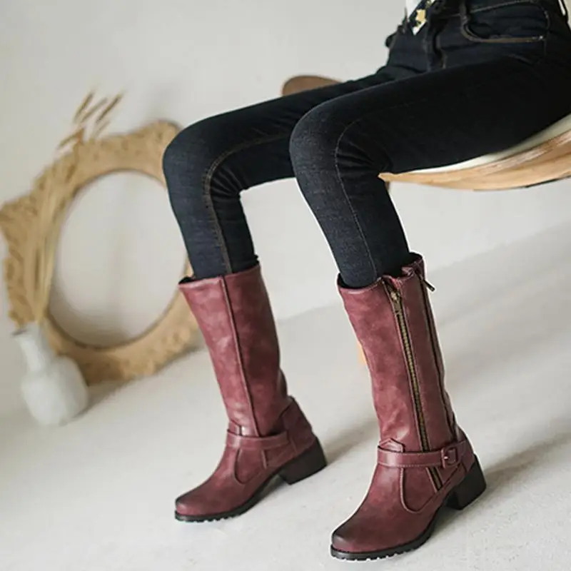 

Winter Werm Women Zipper Design Casual Shoes Gradient Double Buckles Round-Toe Anckle Boots