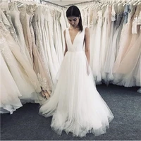 elegant tulle simple bridal dresses sleeveles v neck wedding dress pleats beaded sash white ivory full length robe de mariee