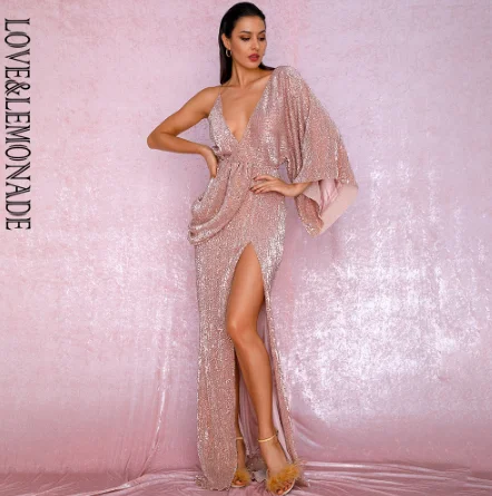 ROSEGOLD LOVE&LEMONADE Сексуальное розовое золото v-образным вырезом с одним рукавом с блестками Сплит Вечерние платья макси LM81848 - Цвет: ROSEGOLD