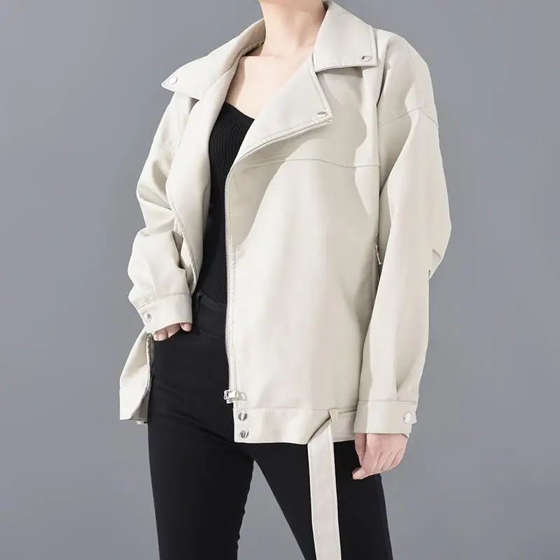 

New High Quality 2021 Spring Black PU Leather Loose Turn-down Collar Zipper Fashion New Women's Wild Jacket