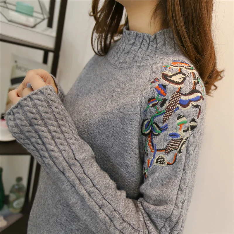 2021 female half turtleneck sweater sleeve head embroidery twist loose all-match long sleeved bottoming sweaters | Женская одежда