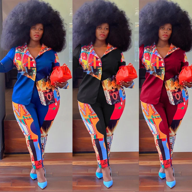 

Printed Jacket Shirt Pants Set Autumn and Winter 2021 New Women's Fashion Casual Oversized Shirt Pants Two-piece Set