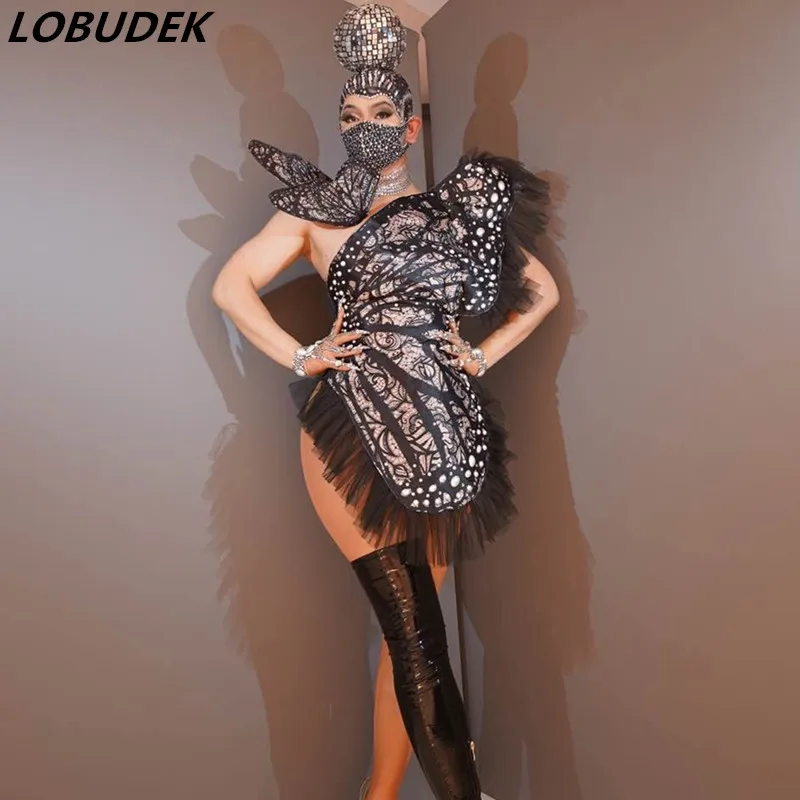 

Fashion Black Butterfly Bodysuit Skirt Two Pieces Set Sexy Women Prom Party Show Performance Stage Wear Nightclub Singer Costume