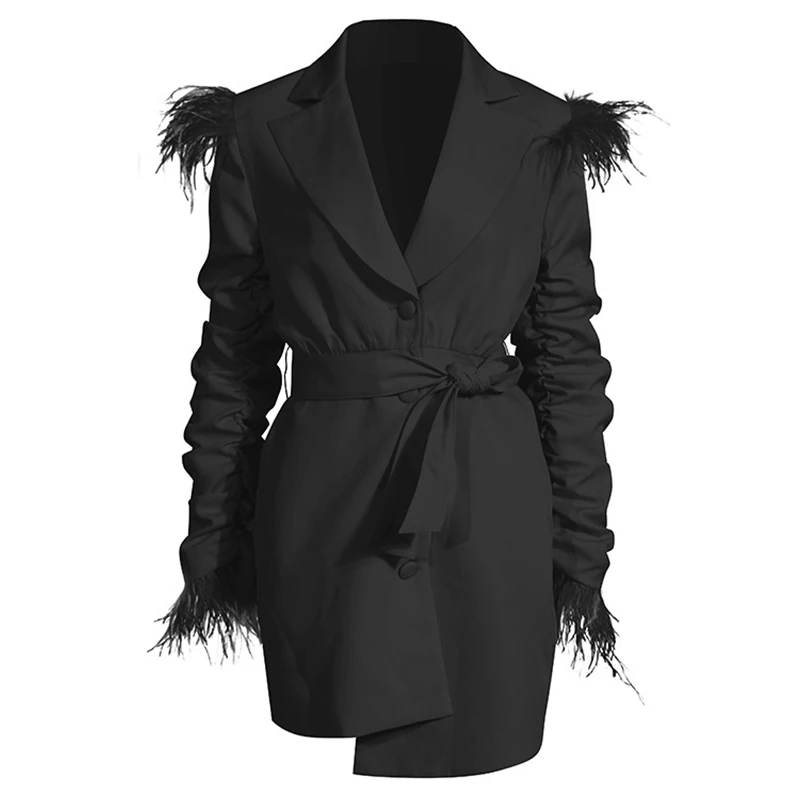 Для женщин блейзер с длинными рукавами платье Асимметричный перья Высокая Талия