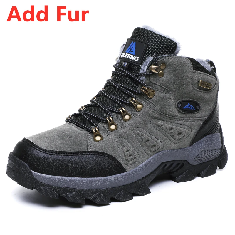 Fur Gray Blue Мужские и женские уличные ботинки; Зимние ботильоны; теплая популярная обувь; Мужская замшевая Повседневная зимняя обувь; кожаная прогулочная обувь; ботинки для охоты зимние кроссовки ботинки для бездорожья - Цвет: Fur Gray Blue