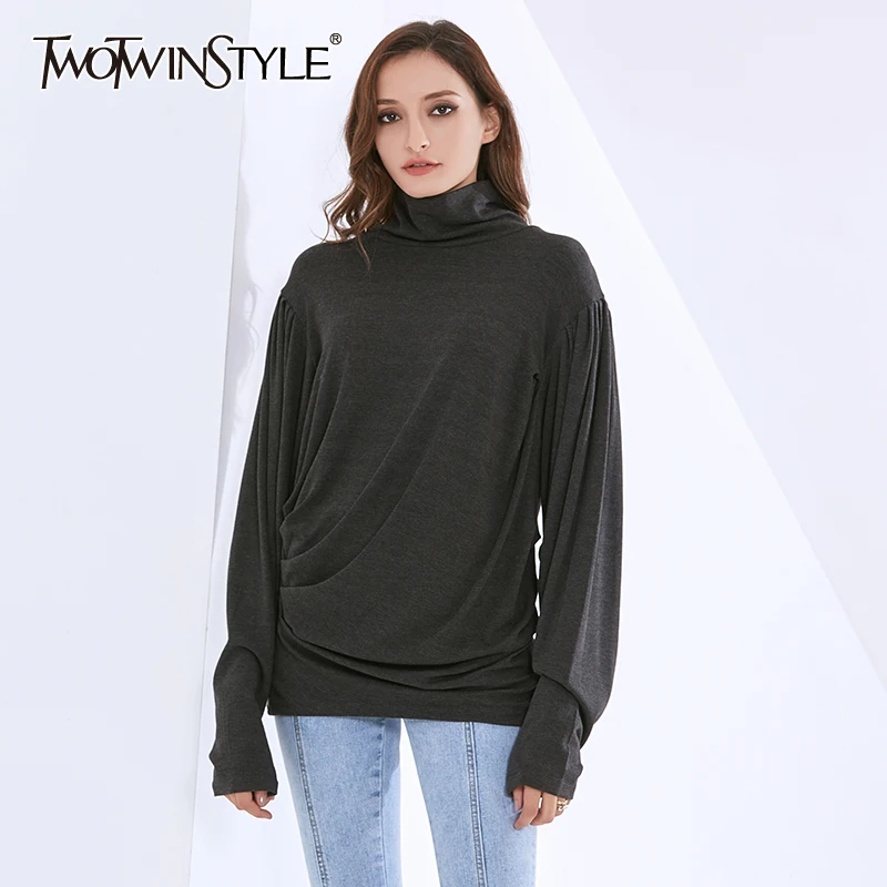 

TWOTWINSTYLE Gray Shirts For Women Turtleneck Lantern Long Sleeve Large Size Ruched Blouses Female 2020 Autumn Fashion Clothing