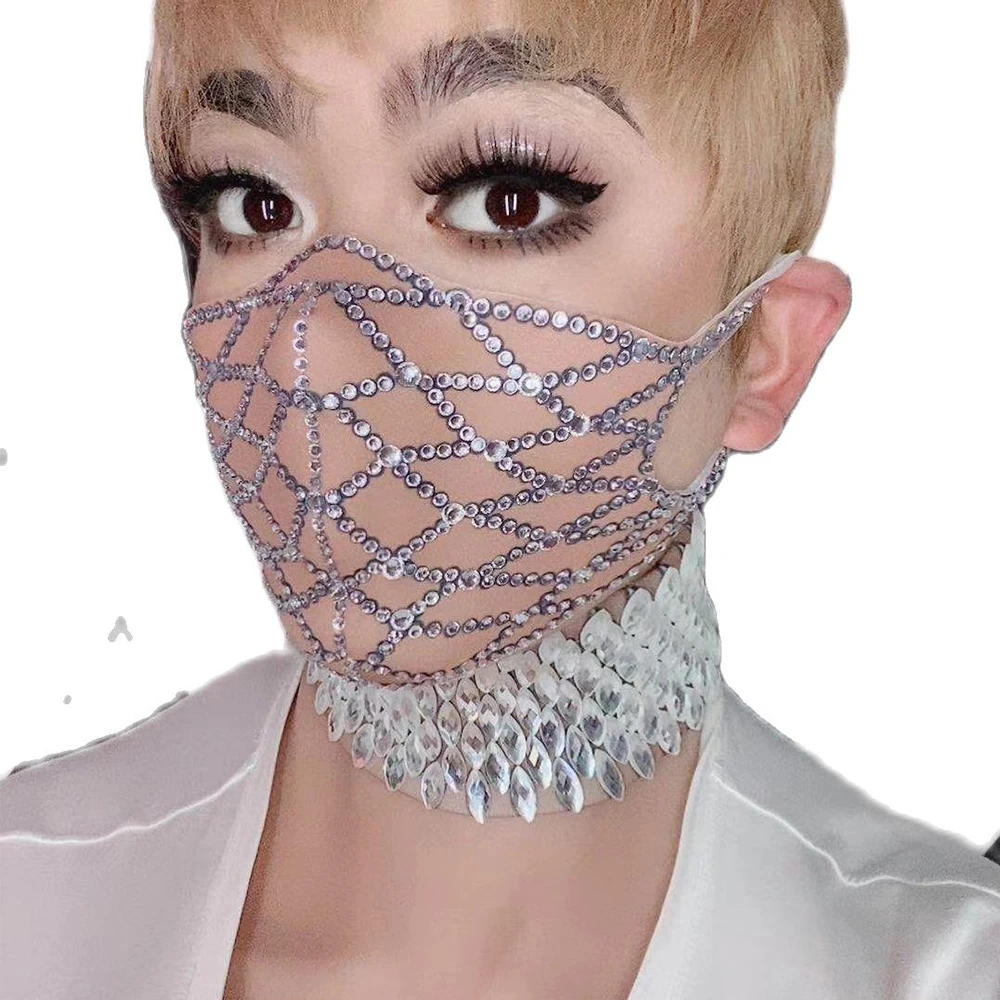 

Sexy Stage Fashion Design Rhinestones Masks Halloween Party Show Mask Costume Performance Part Club Cosplay Singer Costume Stone