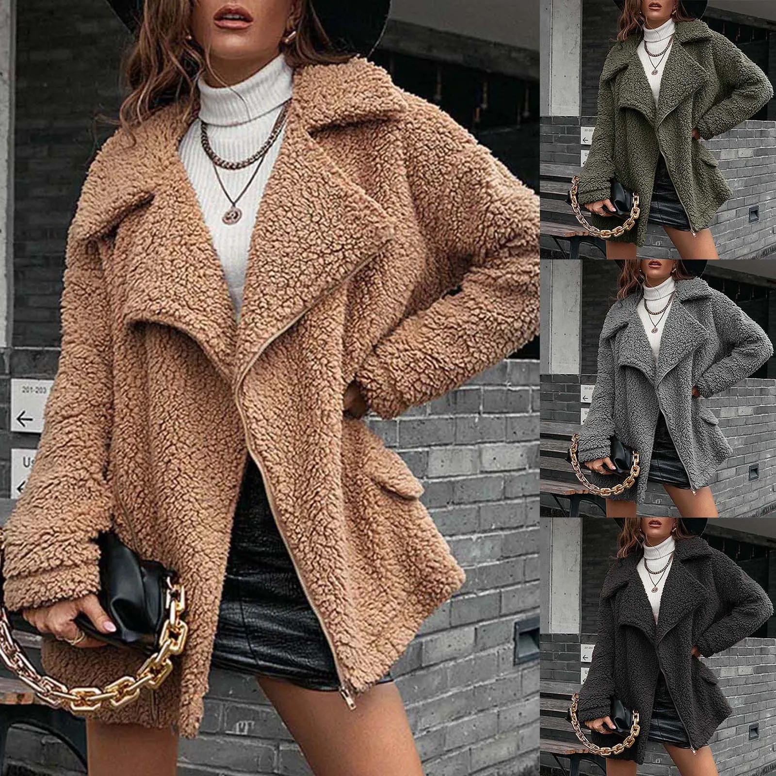 

Winter Women's Warm Faux Plush Coat Zipper Jacket Coat Top Coat Cold Protection Solid Color Warm Plush Casual Loose Zipper Coat