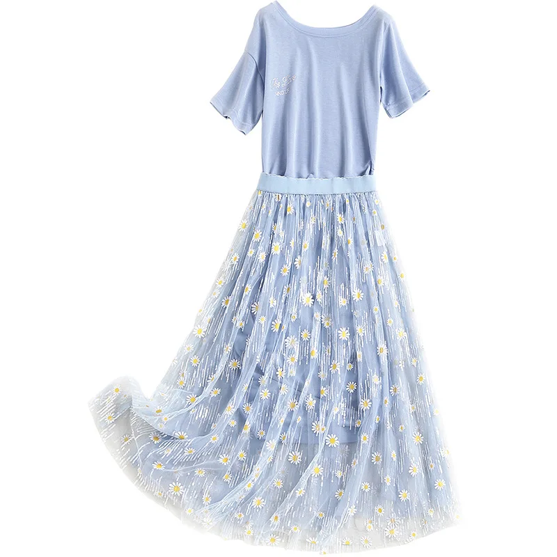 

Women girls cute daisy floral mesh skirt suit spring summer 2021 short sleeve ruched long t-shirt dress casual two piece set