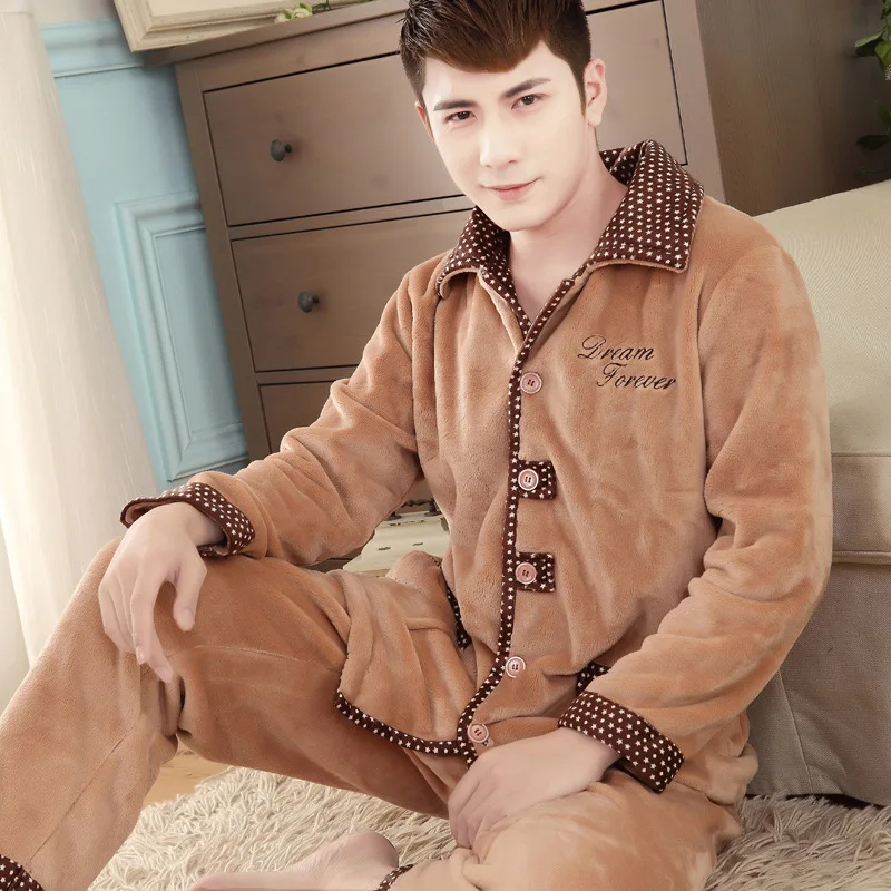 Осенне-зимняя мужская Толстая Фланелевая пижама костюм из двух предметов с