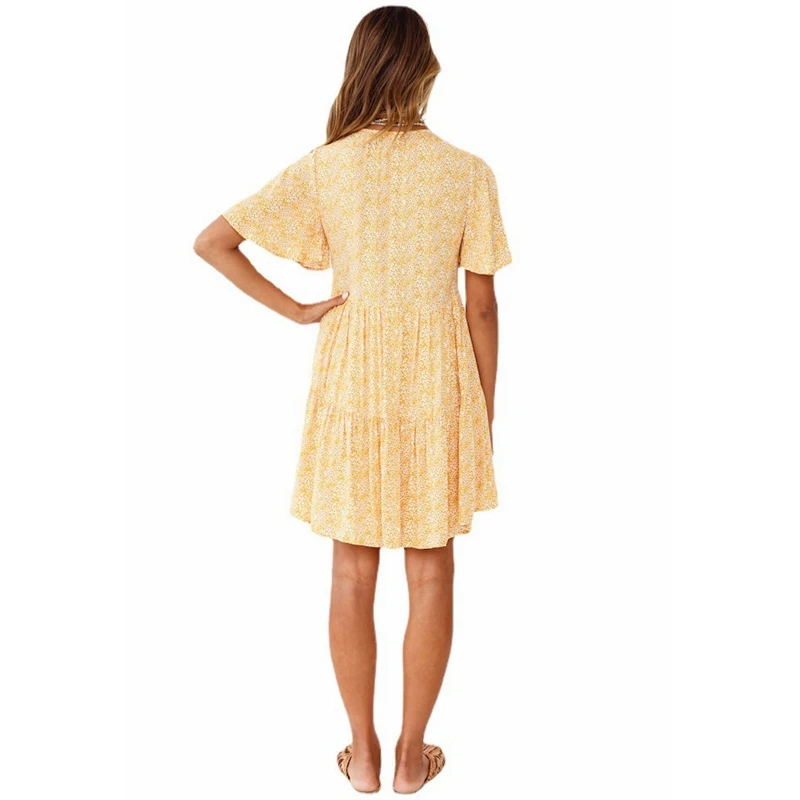 

Mandylandy Single-Breasted Dress Women's Floral Print Loose Dress Summer Short Flare Sleeve V-neck High Waist Pleated Dress