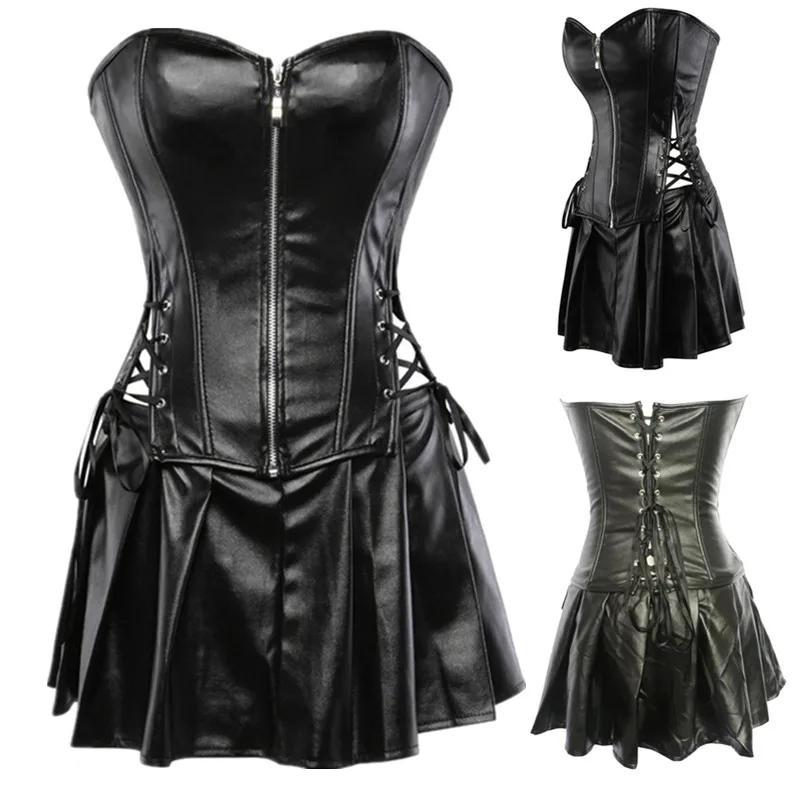 

Plus Size S-6XL Hot Gothic Black Faux Leather Corset With Skirt Women Sexy Strapless Steampunk Overbust Corsets Dress