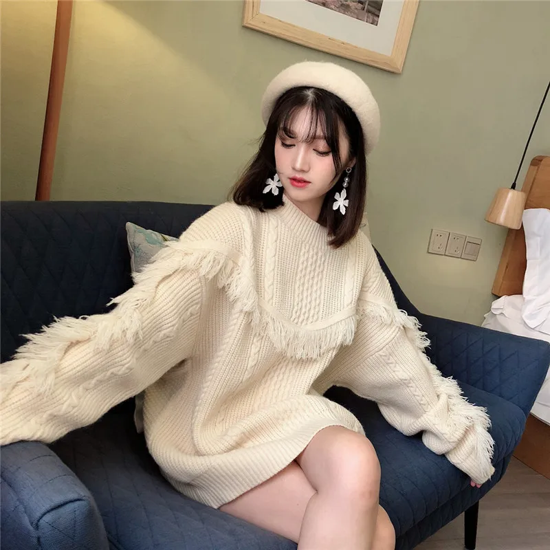 Женские вязаные свитера оверсайз с кисточками винтажные женские пуловеры