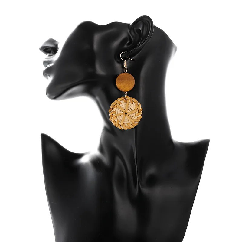 Классические модные круглые висячие серьги из ротанга с деревянным кристаллом