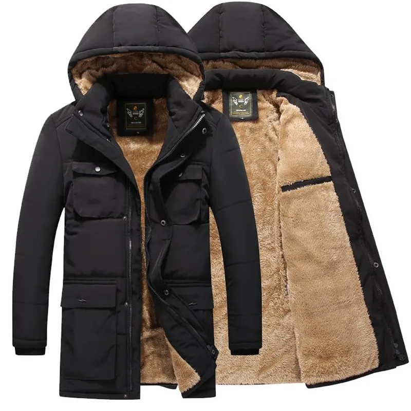 

Winter Parka Men Winter Coat Fleece Long Jacket Outwear Hooded Multi-pocket Winter Clothes Men Down Parka