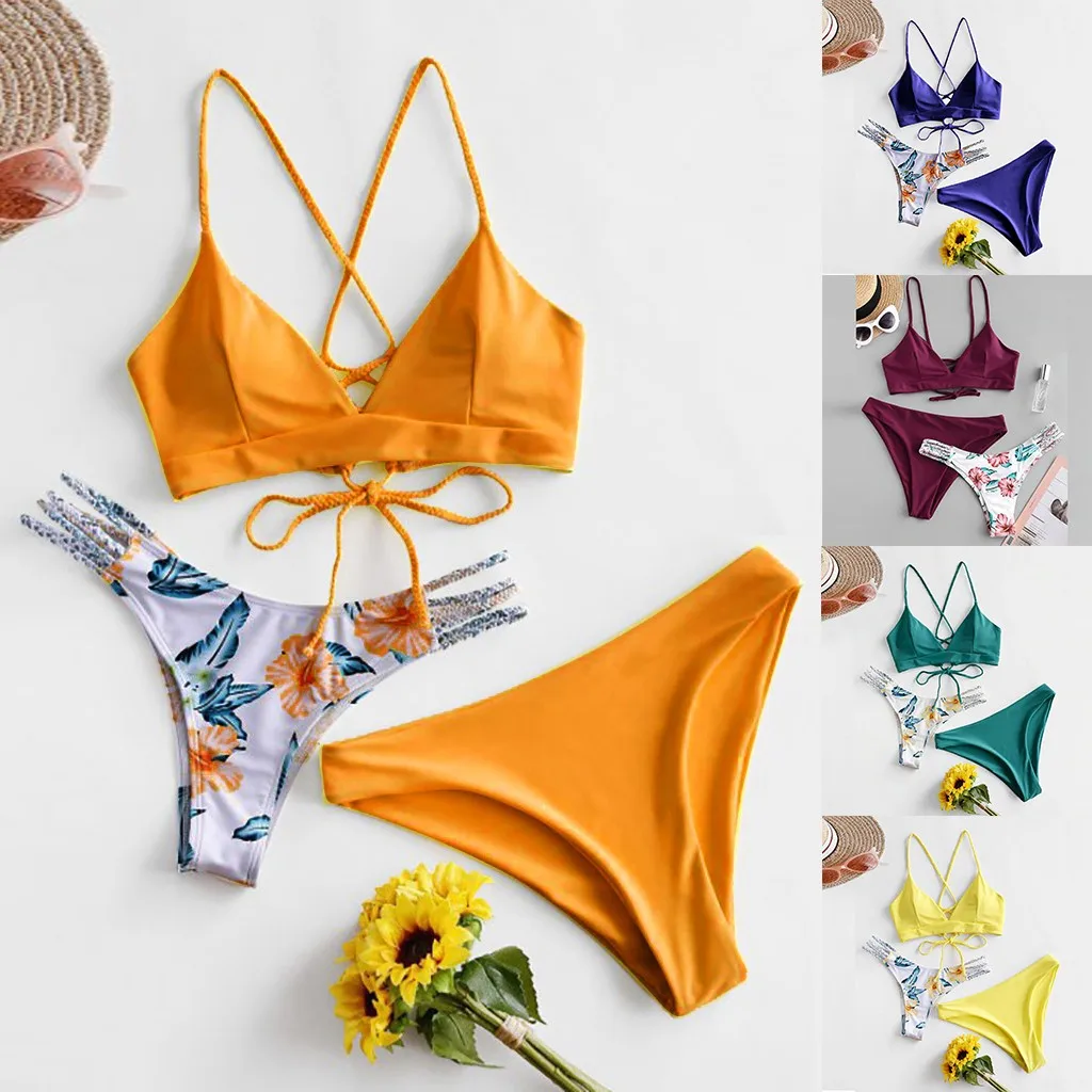 2020 летнее бикини пляжная одежда Женский комплект с принтом купальник из трех