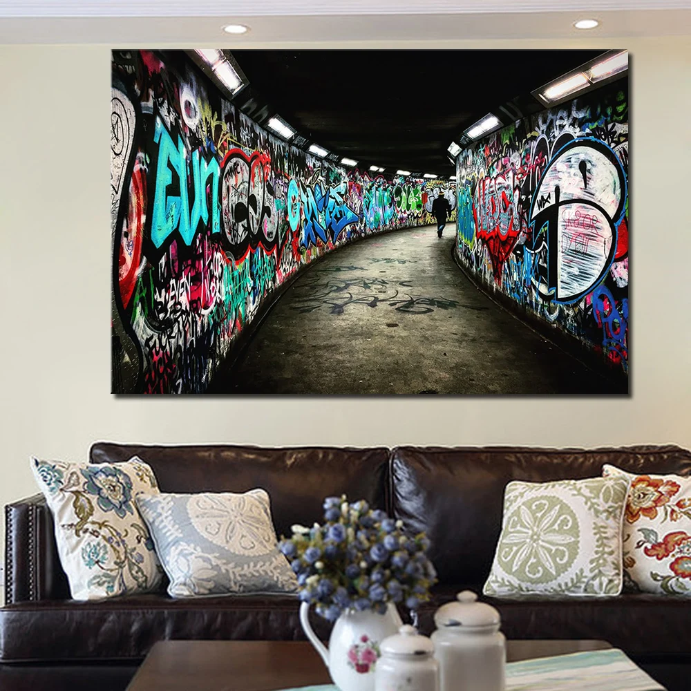 

HD huge poster man walking in the hallway graffiti wall print canvas painting for living room children's room decoration
