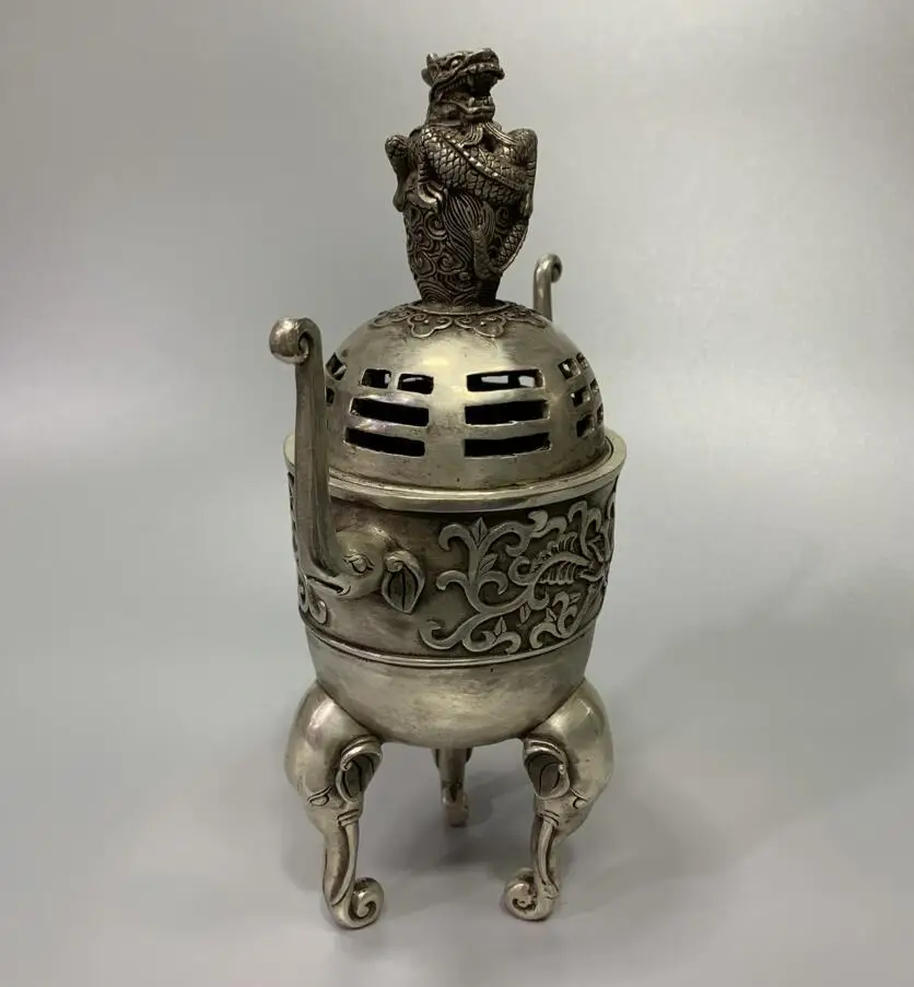 Archaize White copper double elephant head ear dragon lid Incense burner household decoration crafts statue | Дом и сад