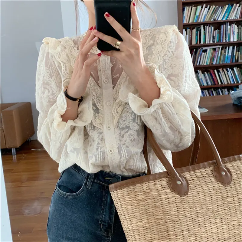 

Harajuku Apricot New Patchwork Loose Streetwear Femme Casual Female Fashion Lace Elegant Vintage Sweet Tops Shirts