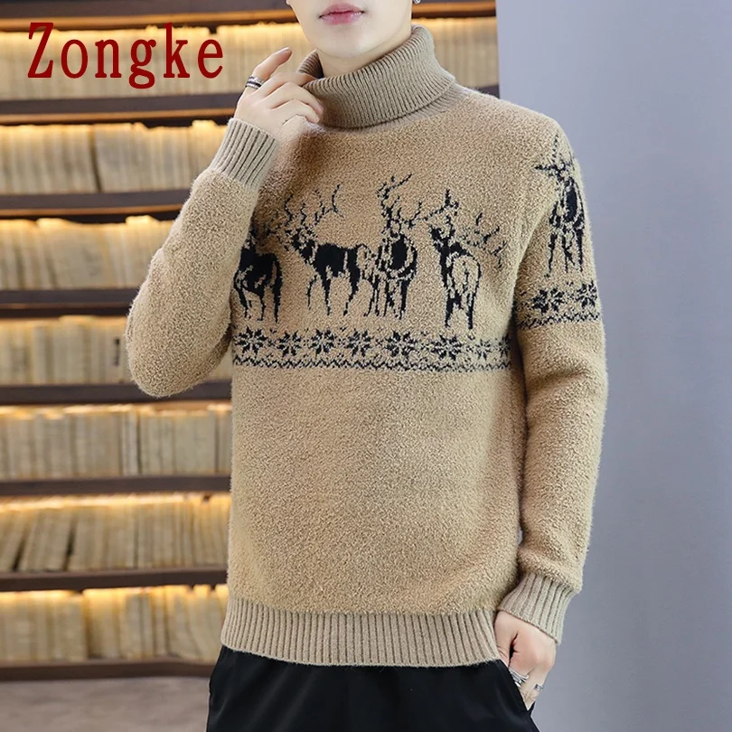 

RUIHUO White Turtleneck Men Sweater With Deer Pullover Men Clothing Korean Men Turtle Neck Winter Clothes M-3XL 2021 Spring New