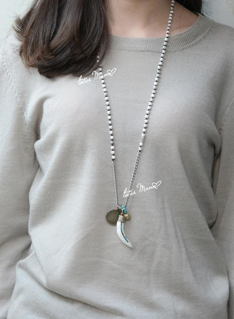 Длинное ожерелье с лотосом манном старинная монета когтями орла белая Бирюза |