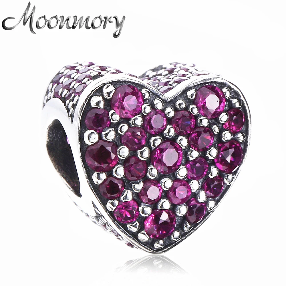 Moonmory Top Quality 925 Sterling Silver Love Heart Charms Beads With Red Stone Fits For Brand Bracelet DIY Jewelry Wholesale | Украшения и