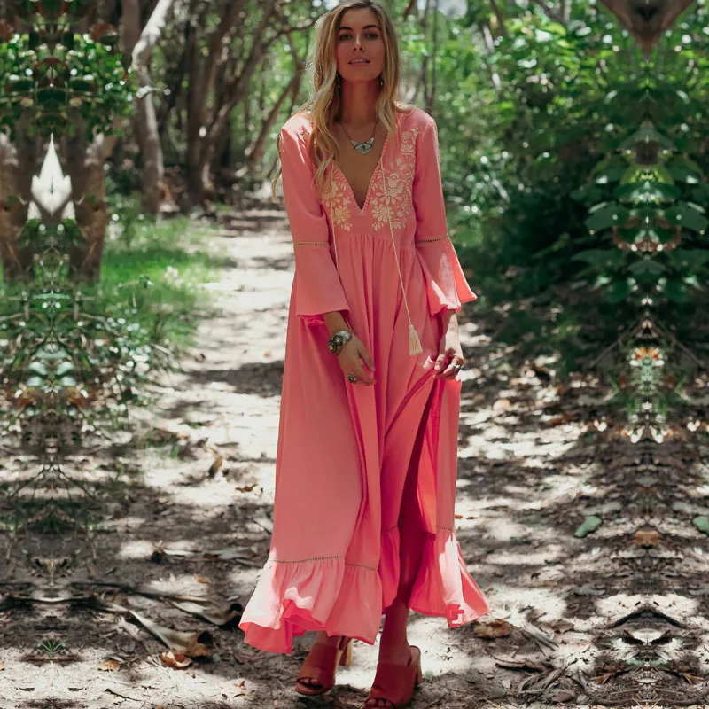 Женское платье макси с цветочной вышивкой ZOGAA хлопковое пляжное в стиле бохо V