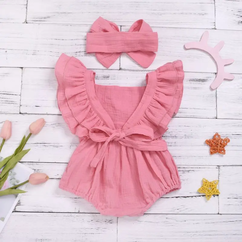 

2020 2pcs Newborn Romper Toddler Baby Girls Clothes Sleeveless Romper Solid Outfits Cotton Baby Clothing With Bow Headbands