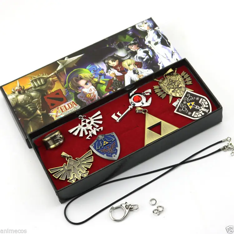 Легенда о Зельде Triforce Hylian Shield& Master брелок в виде меча Ожерелье Подвески Брелок коллекция оружия коробка Косплей Реквизит - Цвет: 8PCS
