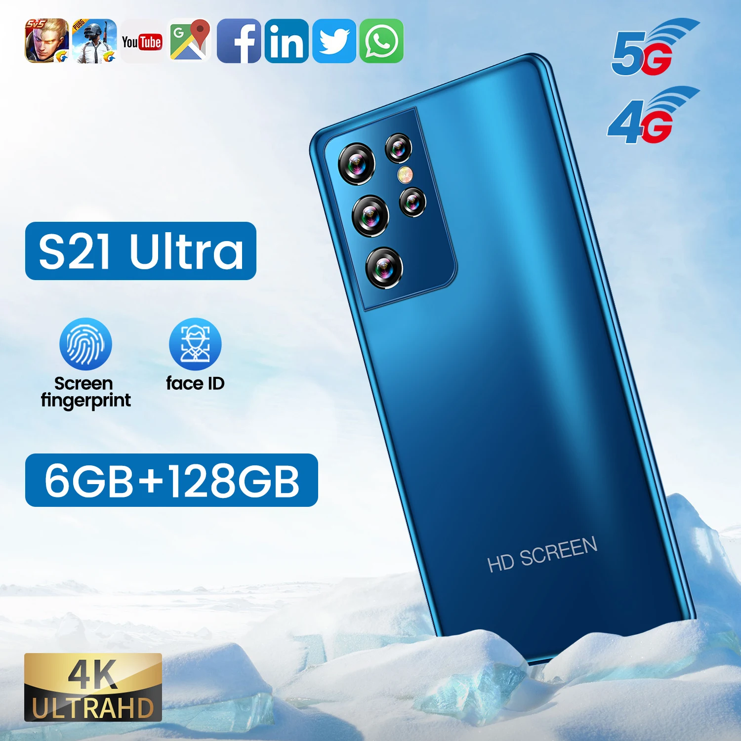 

New Arrival Cheap Phone S21 Ultra Drop Screen Smartphone 6+128G 10 Core MT6889 16MP+32MP Android 10 4G 5G Fingerprint Face ID