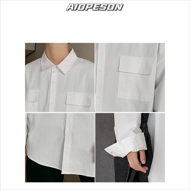 

AIOPESON 2021 Solid Color Streetwear Men's Shirt New Spring Pocket Harajuku Korean Male Shirts Simple Hip Hop Men Clothing