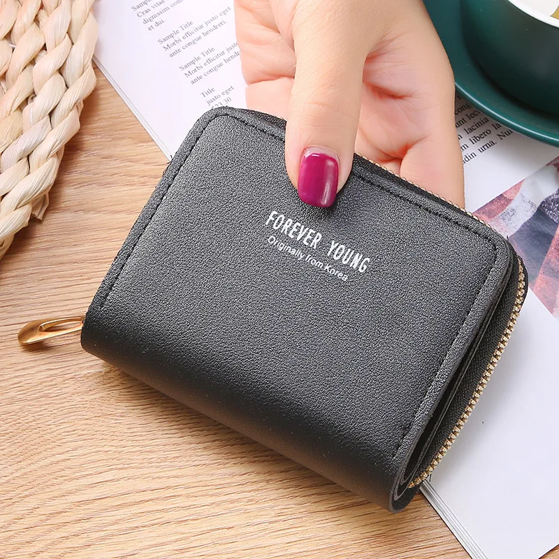 

Ladies Korean Short Zipper Wallet Card Case PU Leather Leather Checked Coin Purse Clutch Zipper Open Japanese Style