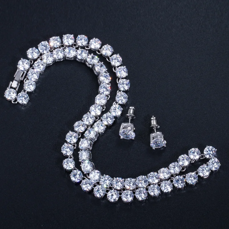 

Stunning Big Carat Round CZ Crystal Necklace and Earrings Luxury Bridal Party Jewelry Set for Wedding Evening