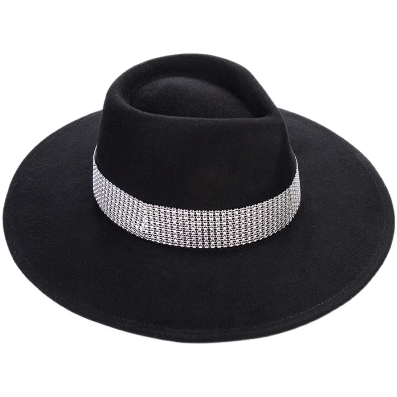 

Bright diamond jazz top hat women's concave-convex top fedora hat autumn and winter fashion wide brim woolen hat casual felt hat