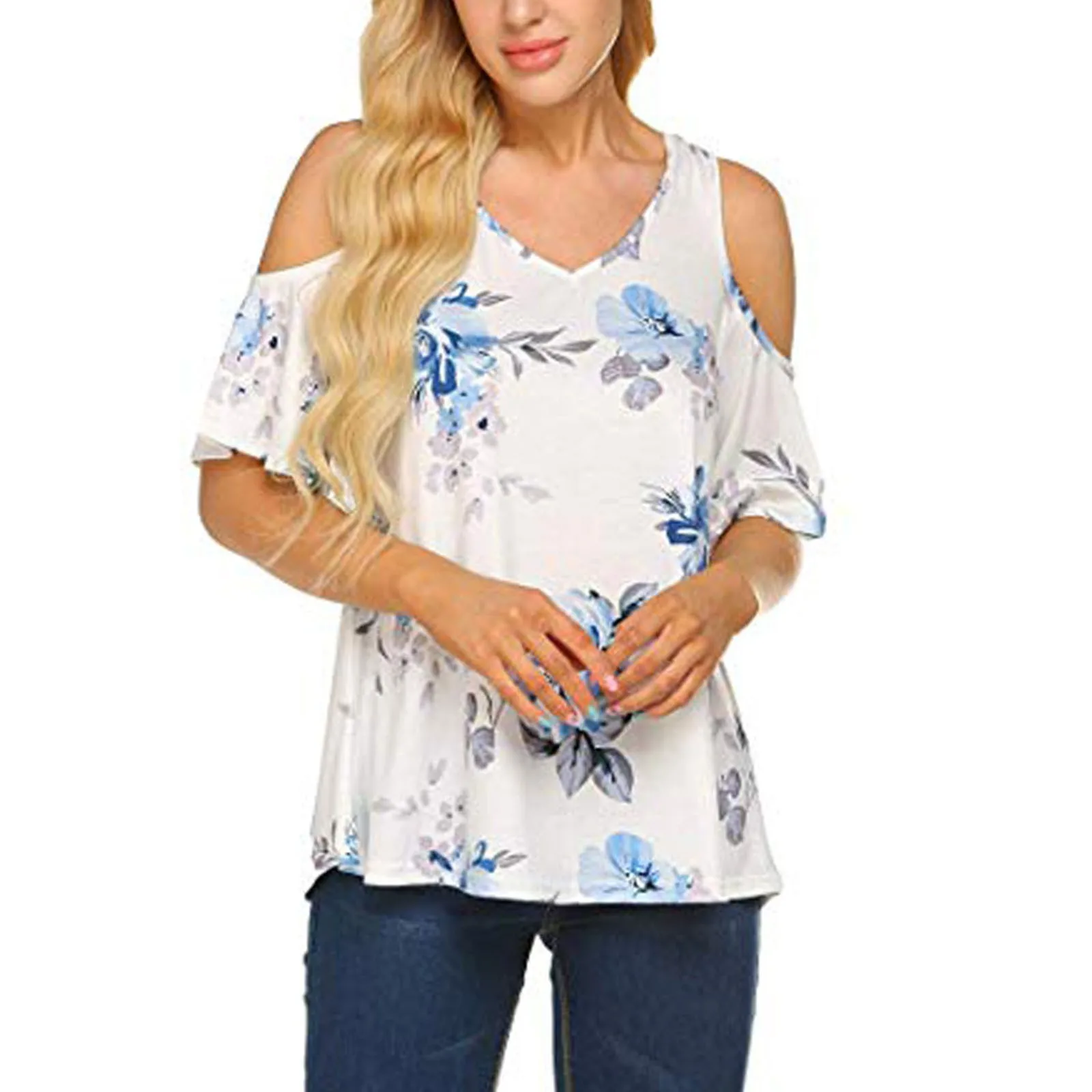 Футболка женская летняя с цветочным принтом и открытыми плечами | Женская одежда