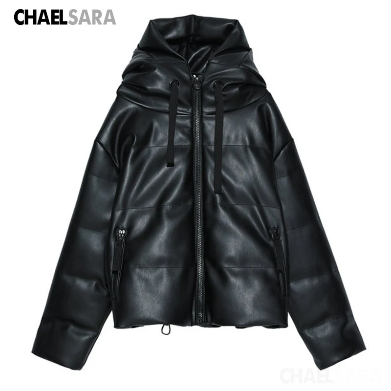 

Autumn Winter Parka Coat Women Fashion Hooded PU Faux Leather Jacket Female Casual Loose Outwear Top Mujer