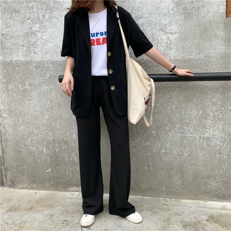 

Summer OL Women Loose Office Ladies Fashion Notched Blazer Korea Single Breasted Simple Short Sleeves Black Blazer
