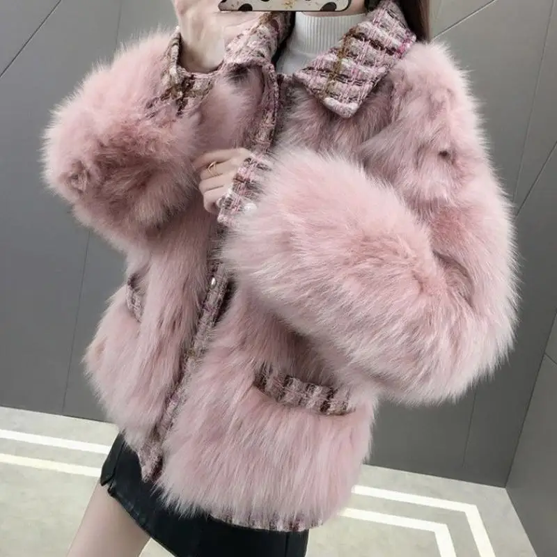 

2021 Autumn Winter Women Fake Fur Jacket Female Faux Fox Fur Collar Slim Thick Warm Motorcycle Coat Lady Loose Outerwear L843
